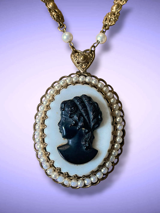 West German Brass Filigree White & Black Art Glass Cameo Pearl Necklace