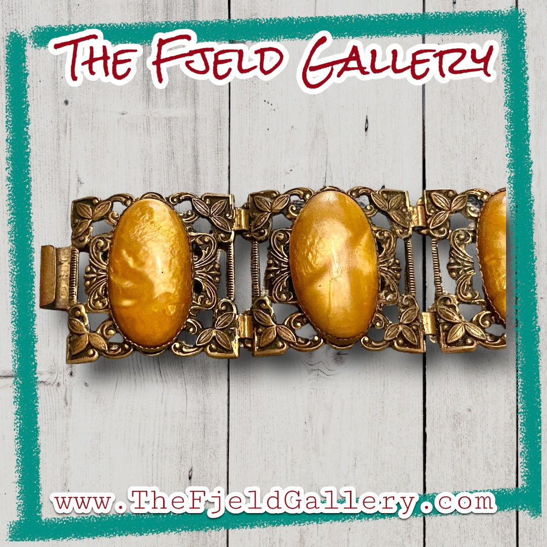 Brass Flower Stamped Czech Marbled Yellow Lucite Panel Bracelet
