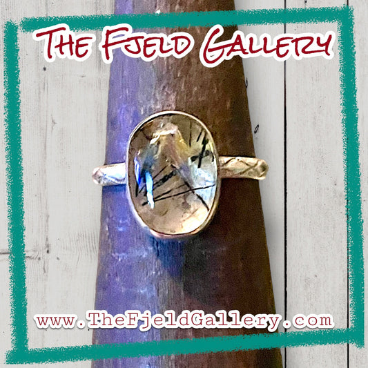 Handmade Rutile Gold & Black Quartz Sterling Ring