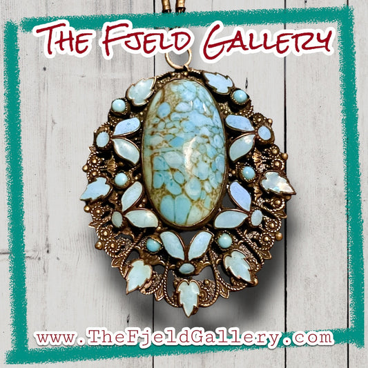 Czechoslovakian Blue Hubble Art Glass & Enamel Brass Filigree Necklace