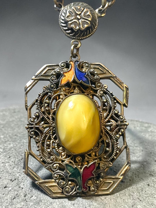 Art Nouveau Czech Brass Filigree Yellow Marbled Art Glass & Cloisionné Necklace