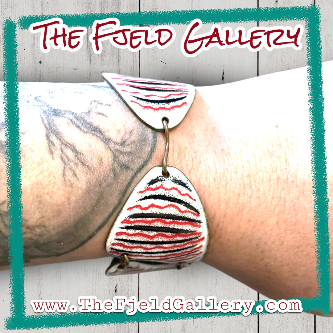 Vintage Arts & Crafts Copper Red, Black & White Enamel Panel Link Bracelet