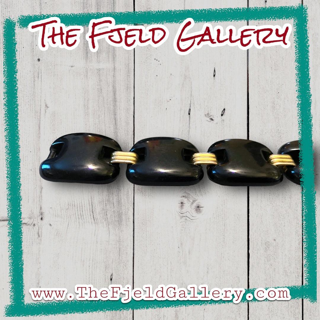 Early Plastic Vintage Black Lucite & Gold Link Chunky Panel Bracelet