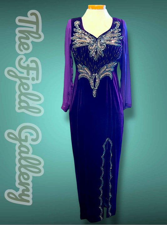 Deep Purple Velvet & Sheer Aurora Borealis Sequin Maxi Gown Dress