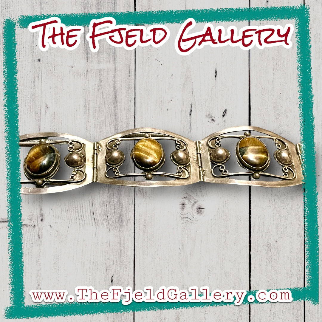 Vintage 1960 Tigers Eye Gemstone Sterling Silver Mexican Panel Bracelet