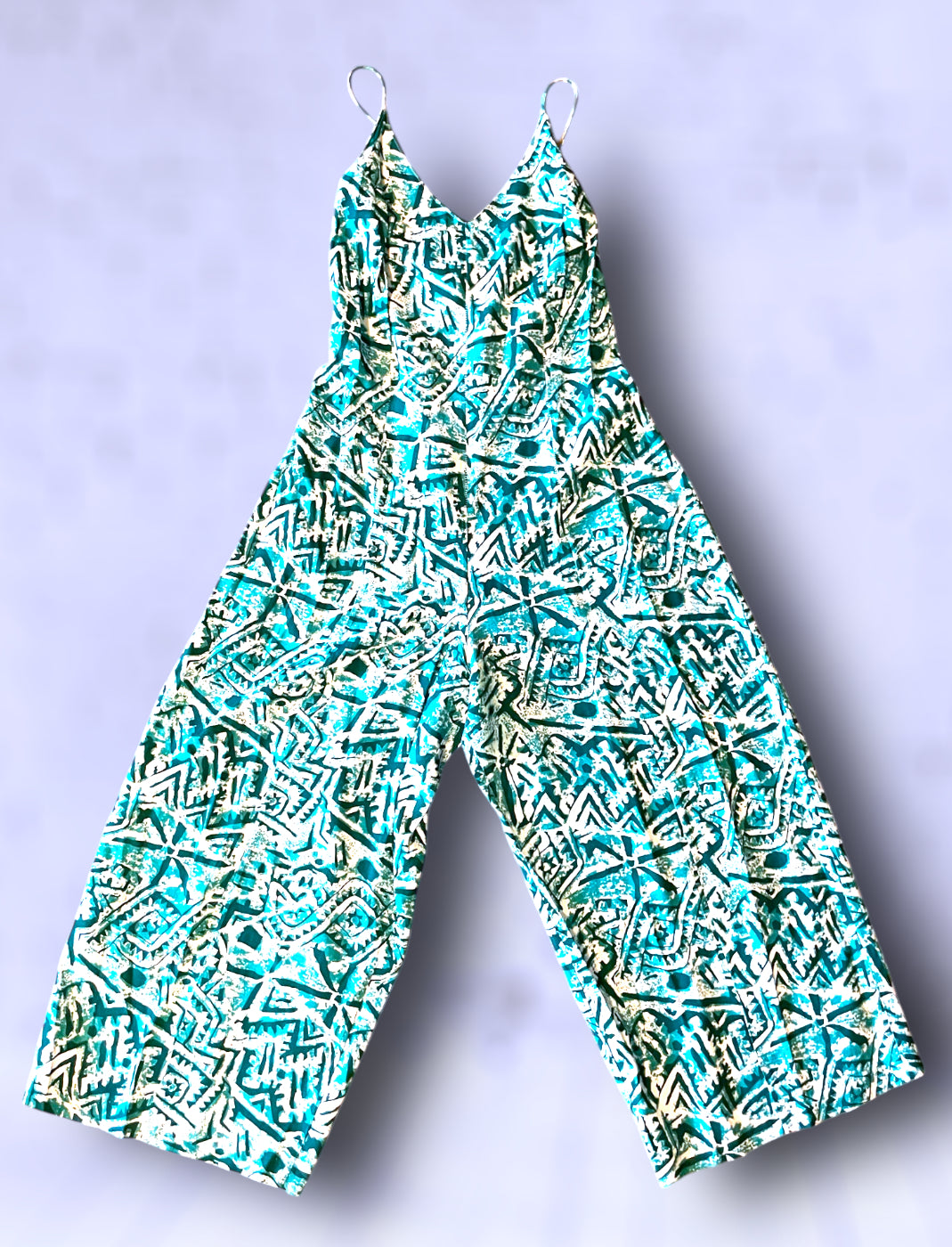 Vintage Turquoise, Teal Blue & White Patterned Low Tie Back Tank Jumpsuit