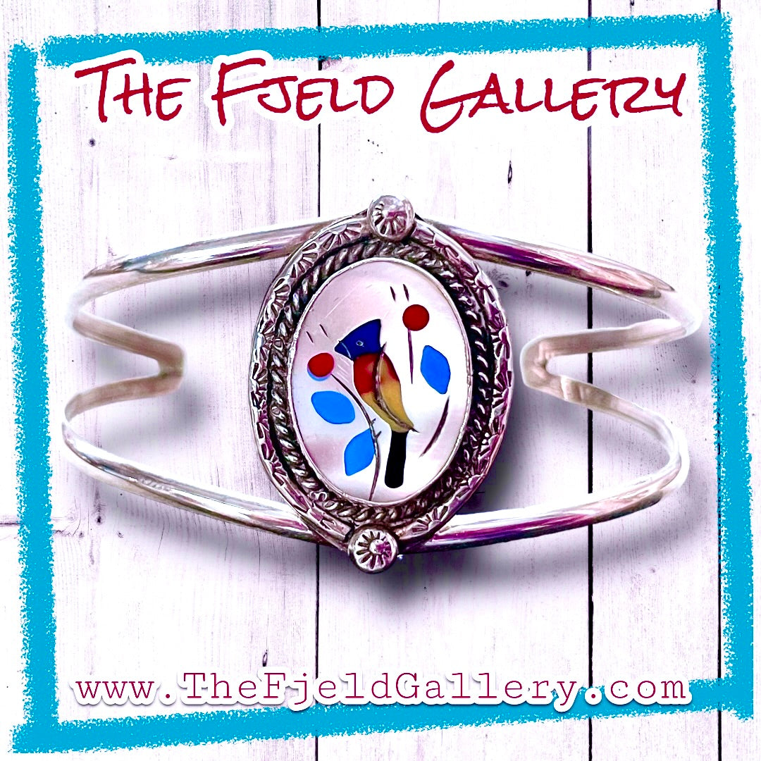 Vintage Native American Zuni Red, Yellow & Blue Bird Sterling Cuff Bracelet
