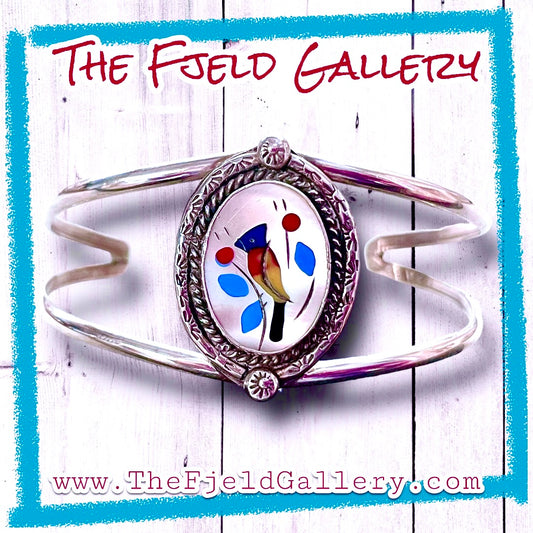 Vintage Native American Zuni Red, Yellow & Blue Bird Sterling Cuff Bracelet