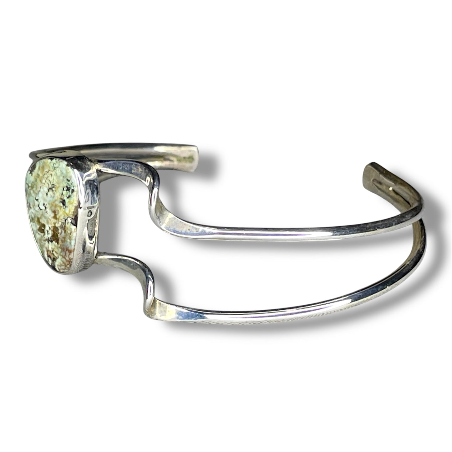Abstract Offset Buffalo Light White Turquoise Sterling Silver Cuff Bracelet