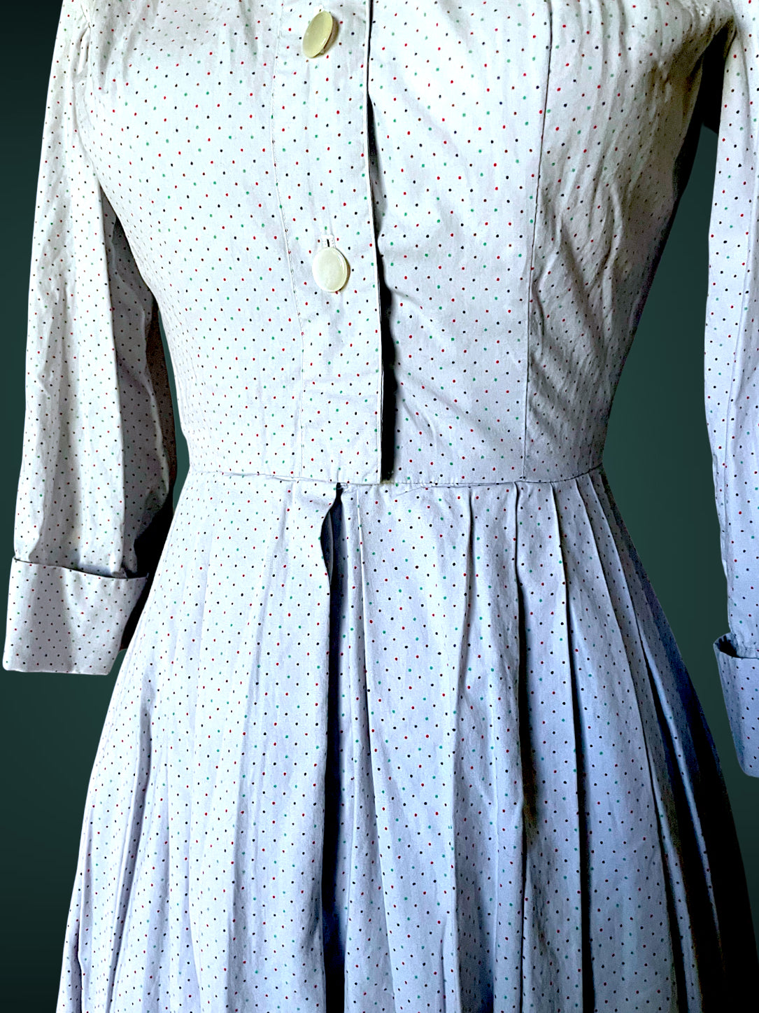 1960 A-Line Red, Blue & Green Polka Dot Button up Shirt Full Skirt Pocket Dress