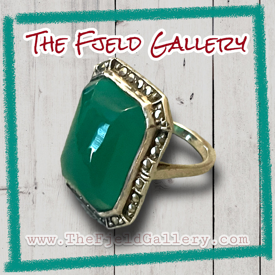 Art Deco Chrysoprase Sterling Silver Marcasite Square Ring