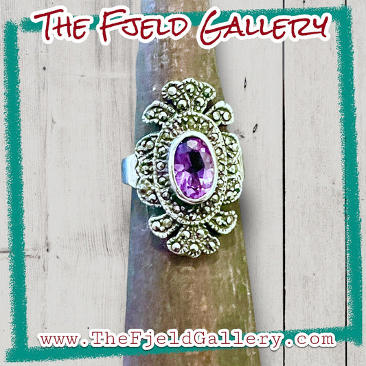 Amethyst & Marcasite Art Deco Vintage Sterling Silver Ring