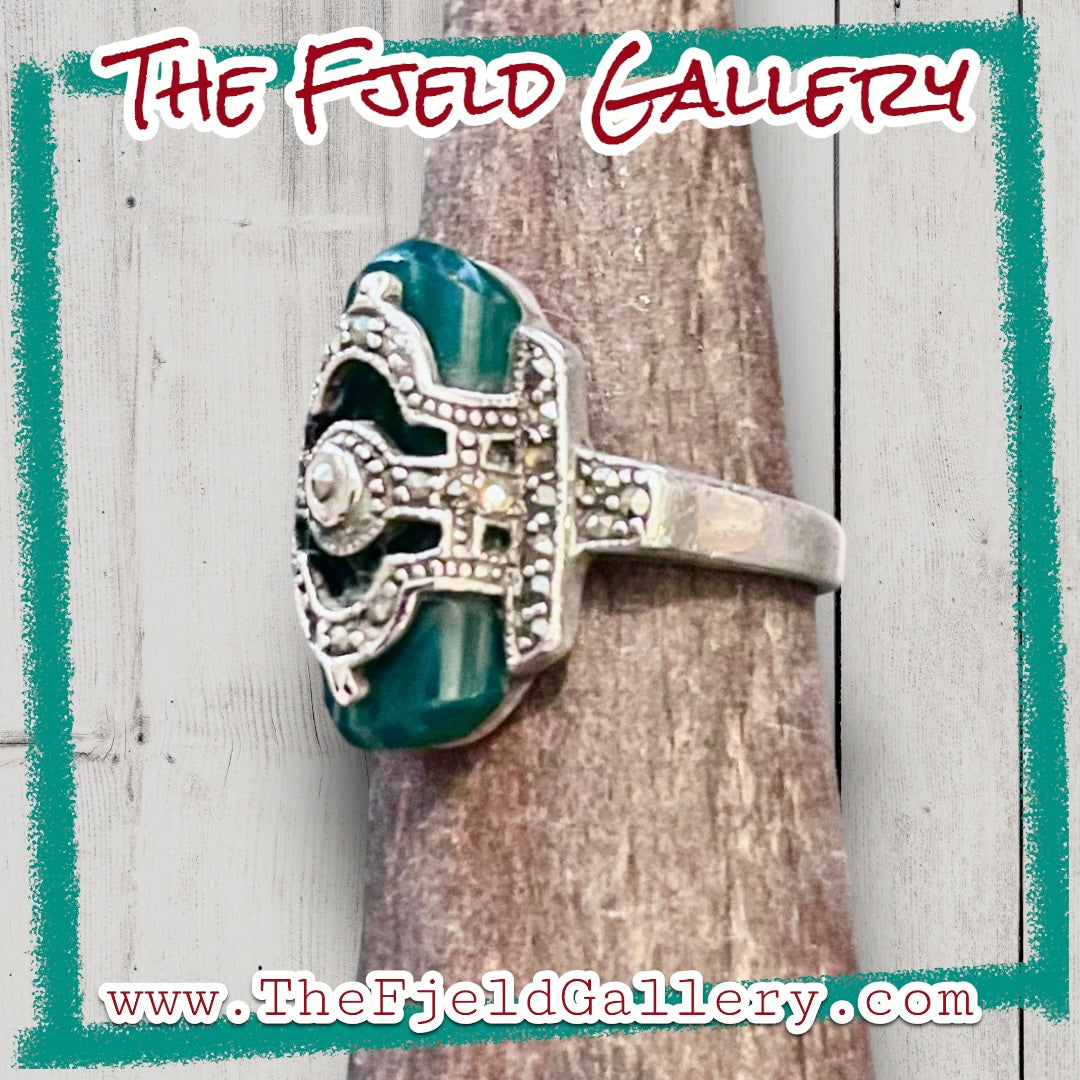 Chrysoprase Unique Art Deco Sterling Silver & Marcasite Overlay Ring