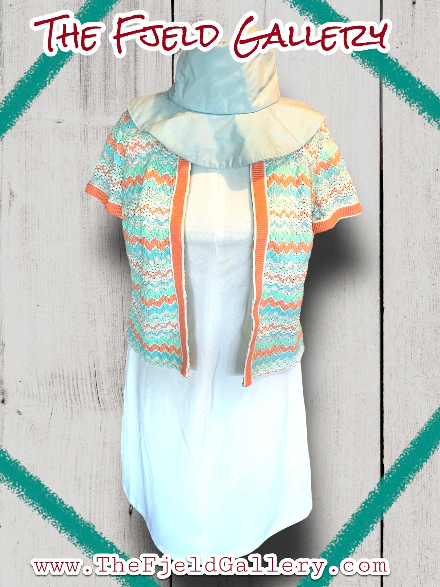 1960’s White, Pastel Pink, Blue & Green Spring Sleeveless Dress & Sweater Set