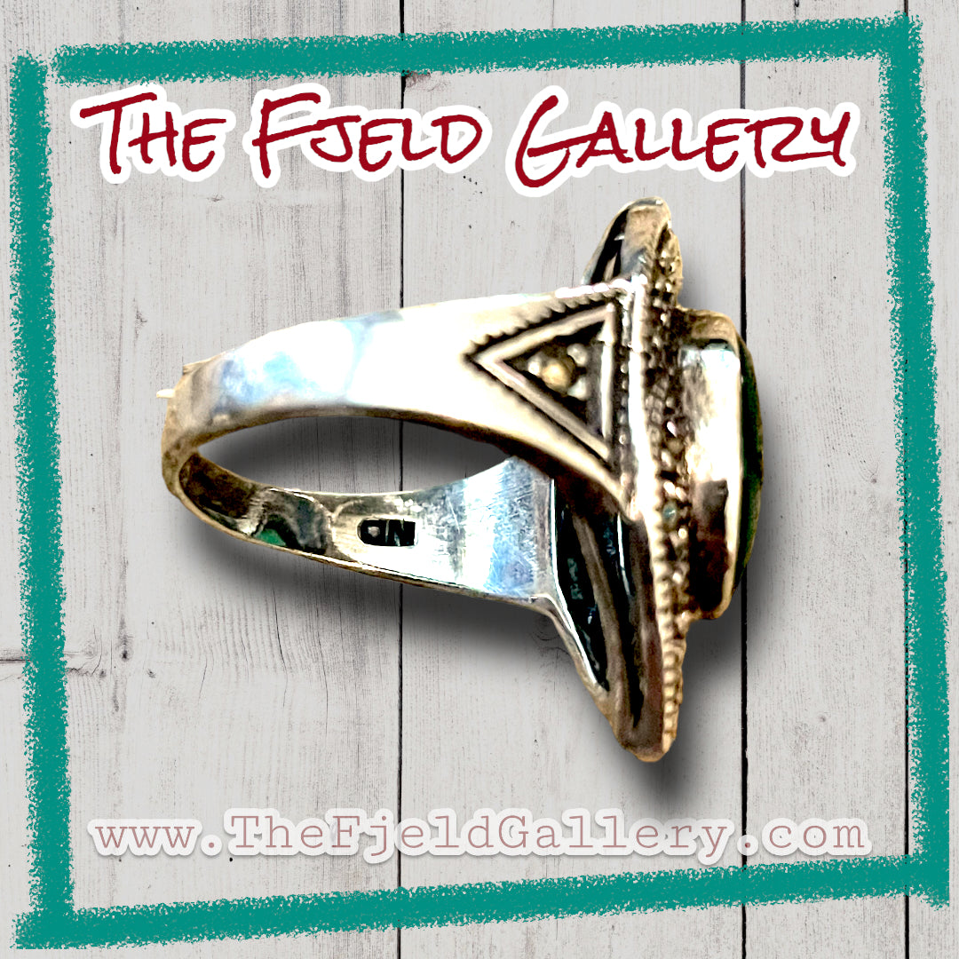 Green Chrysoprase Sterling Silver & Marcasite Art Deco Ring