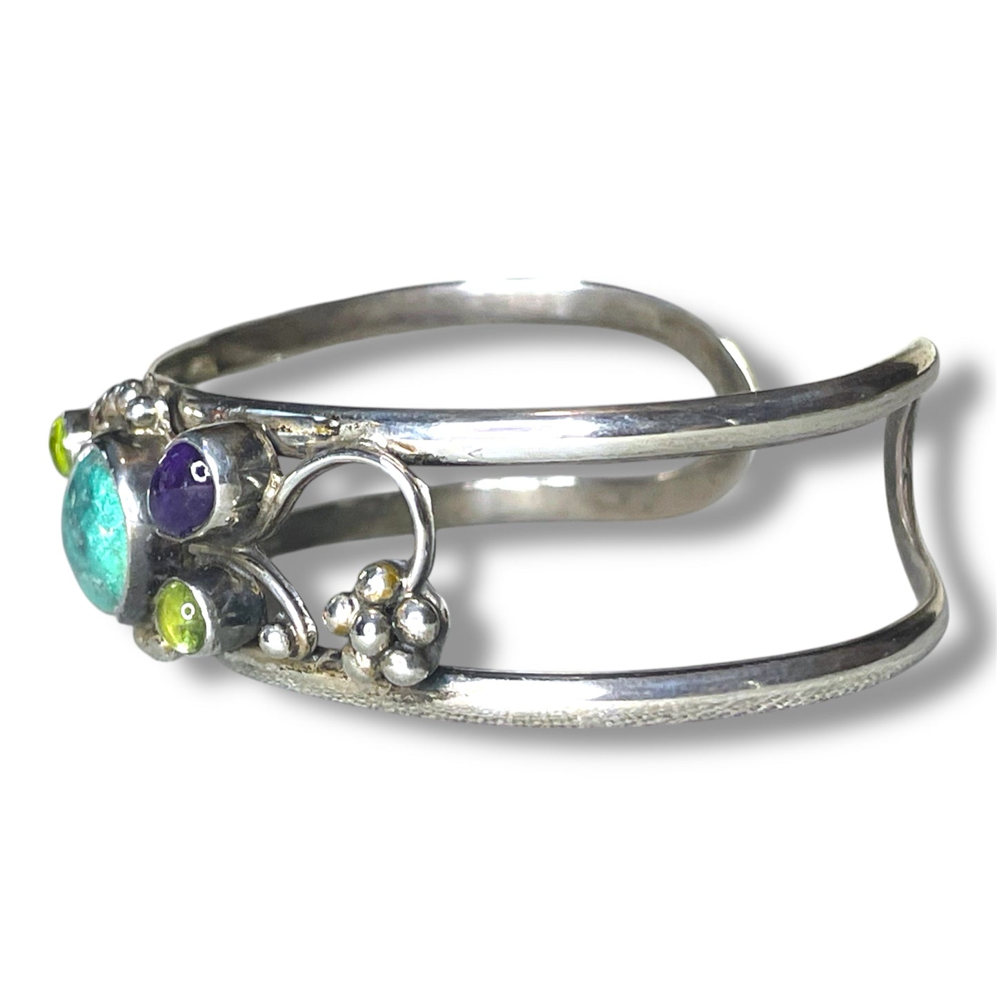 Vintage Turquoise, Amethyst & Peridot Gemstone Sterling Silver Floral Cuff Bracelet