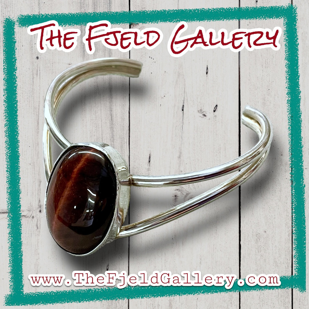 Tigers Eye Gemstone Sterling Silver Chevron Cuff Bracelet