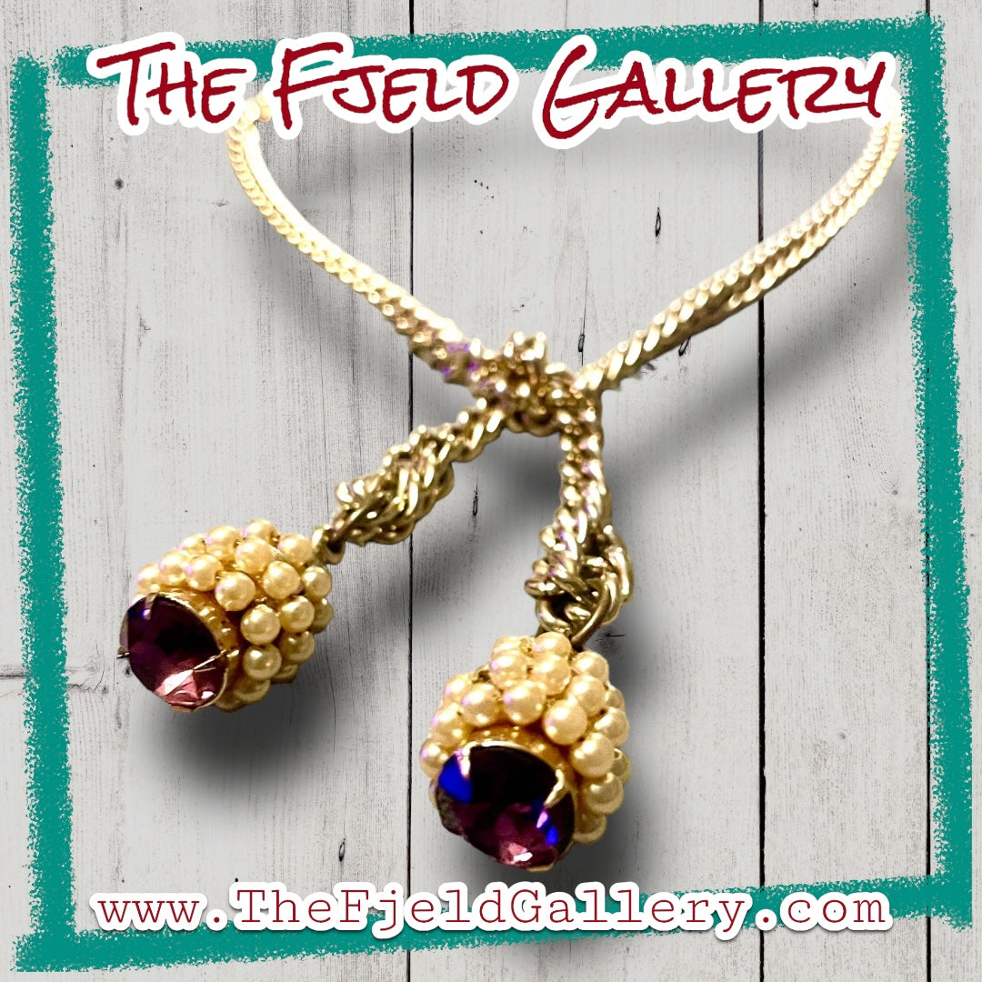 Hollywood Regency Purple Art Glass & Pearl Gold Chain Lariat Necklace