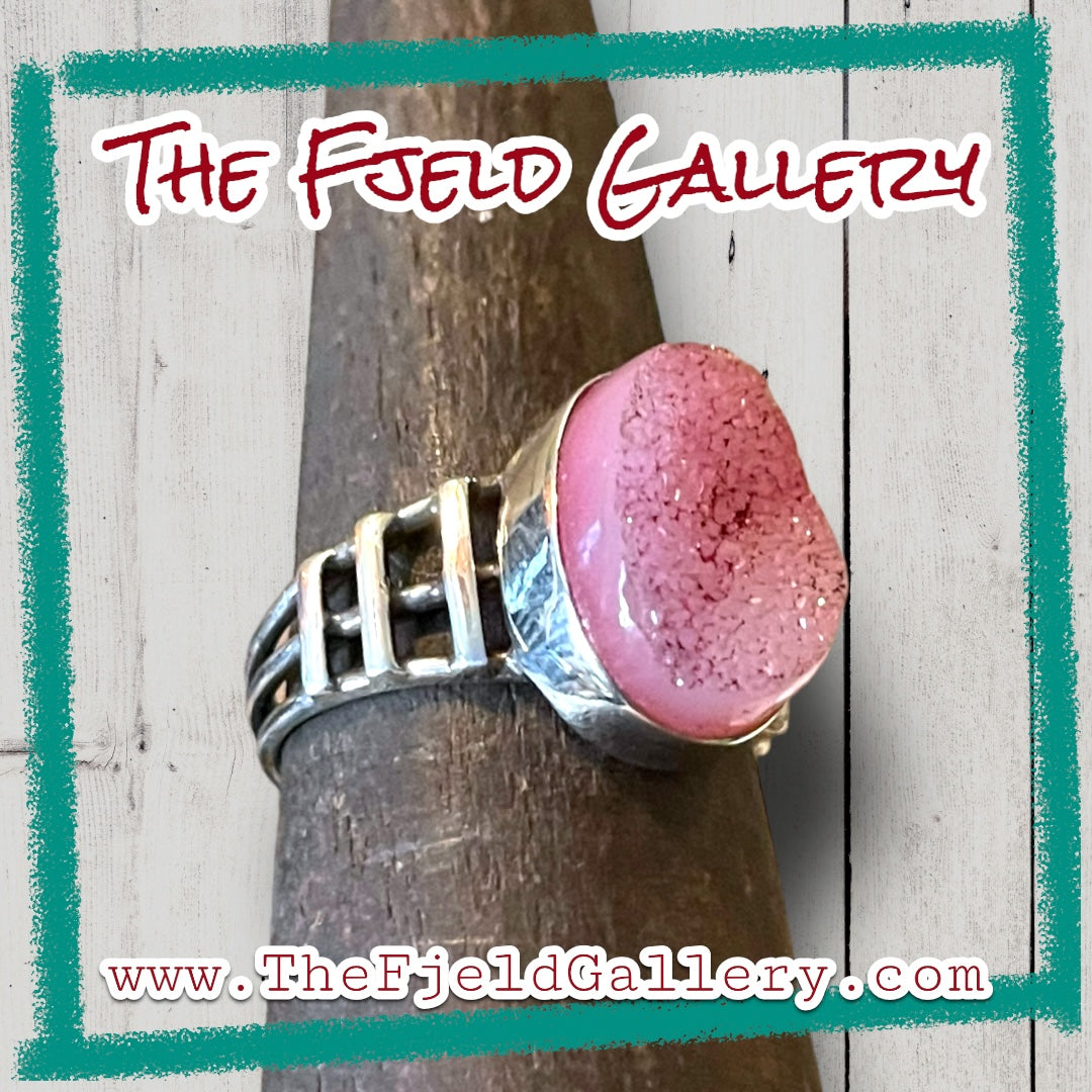Pink Geode Agate Sterling Silver Ring