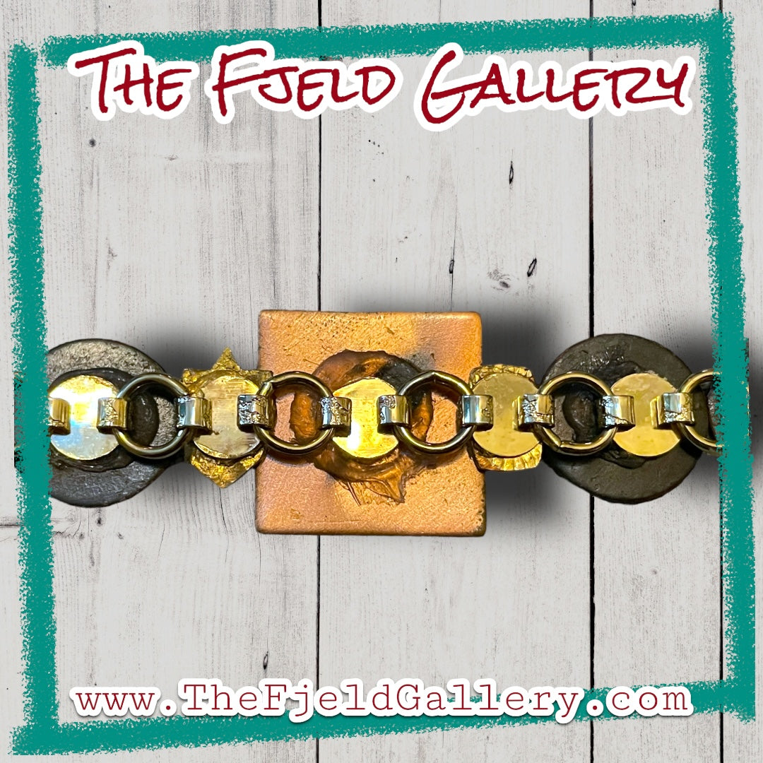 Unique Enamel Copper Link Vintage Bracelet Black, White & Lime Green Chartreuse