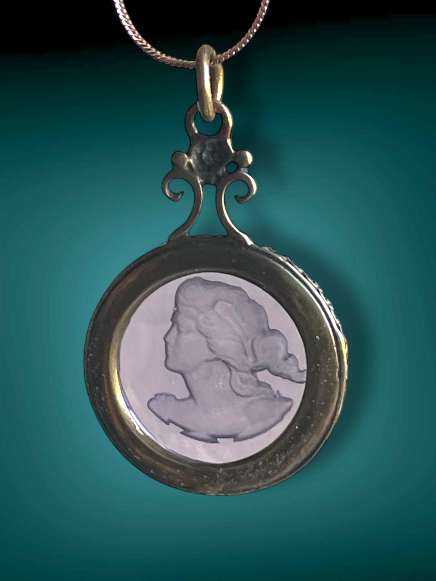 Art Nouveau Brass Scarab Set Purple Faceted Glass Intaglio Cameo Pendant Necklace