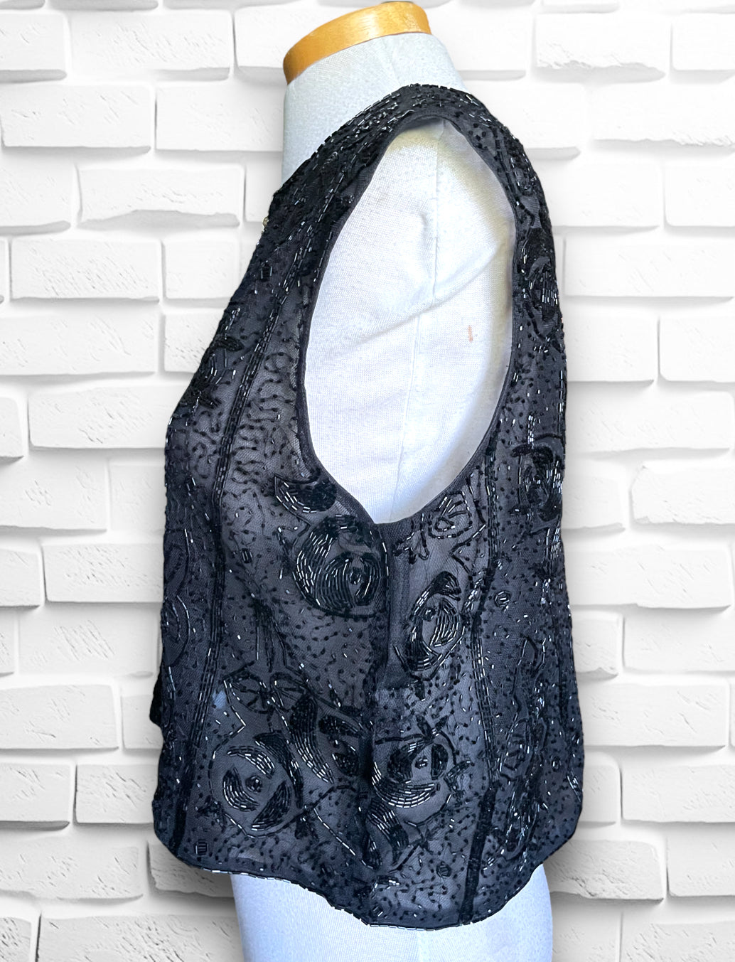 1990’s Transparent Black Floral Pattern Beaded Zip Up Front Sleeveless Blouce