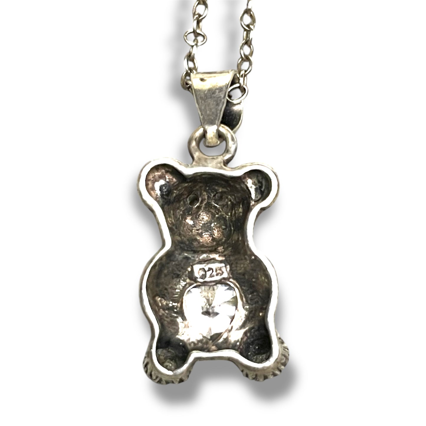 Sterling Silver Teddy Bear Holding Quartz Gemstone Heart Necklace Pendant Charm