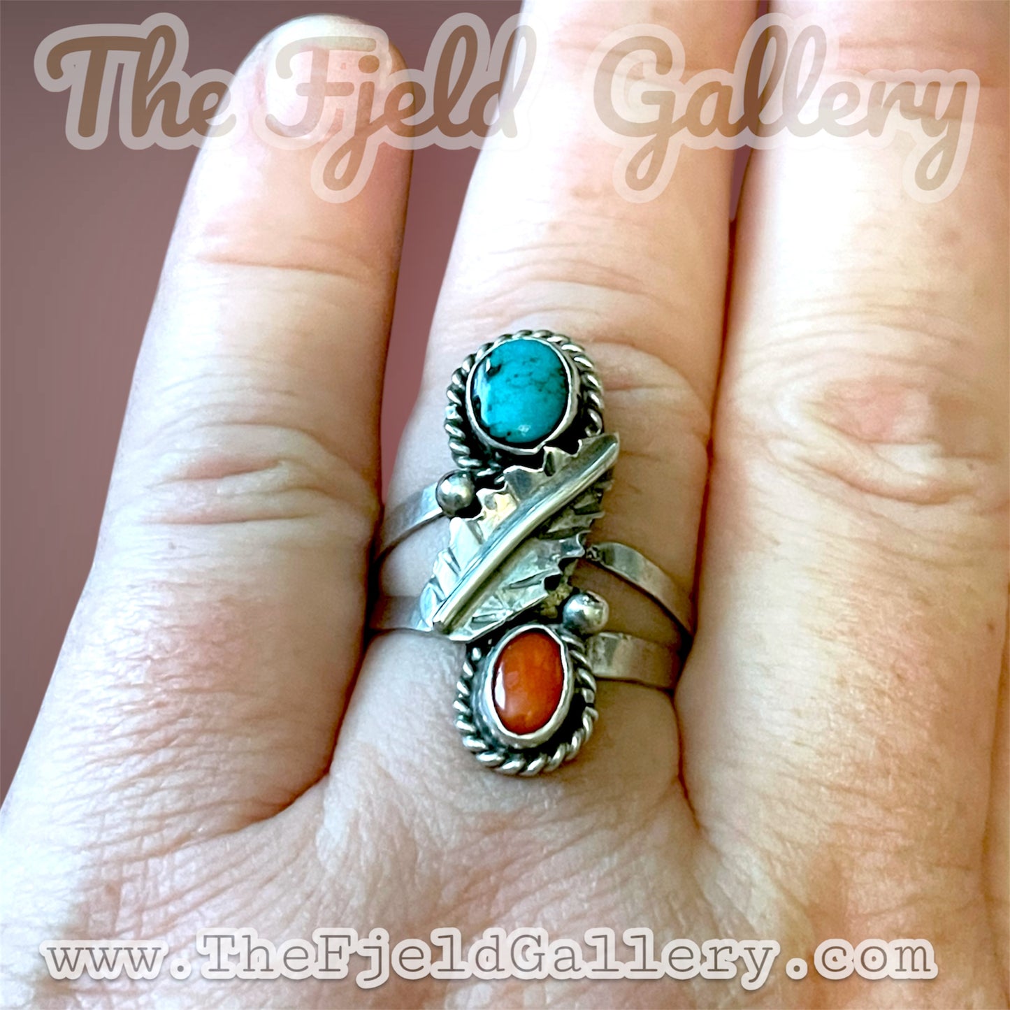 Native American Turquoise & Red Coral Sterling Silver Leaf Bypass Wrap Ring
