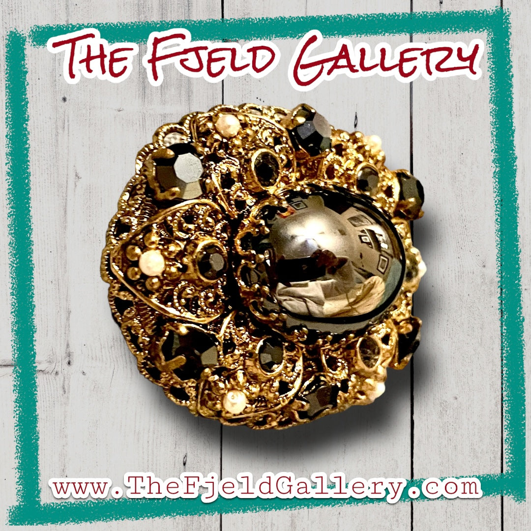 West German Brass Filigree Hematite & Pearl Brooch