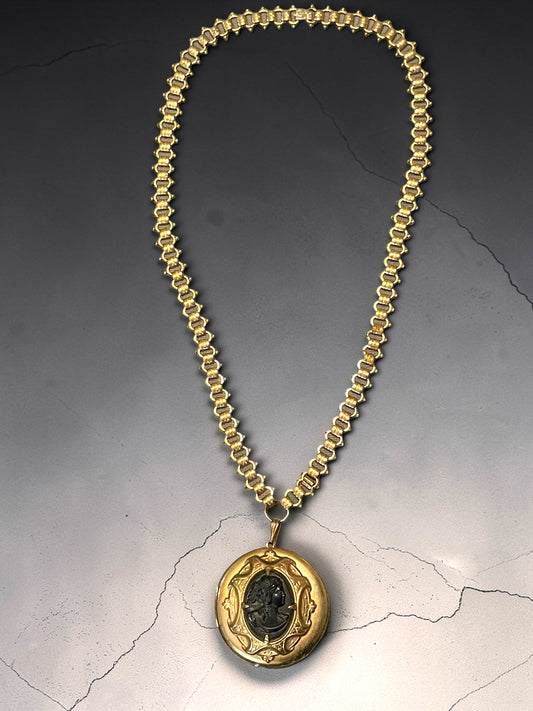 Victorian Black Mourning Cameo Gold Embossed Book-link Chain Gothic Locket Necklace