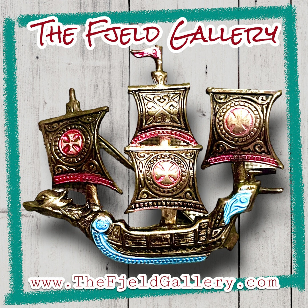 Silver Dragon Serpent Viking Red & Blue Iron Cross Enamel Ship Brooch