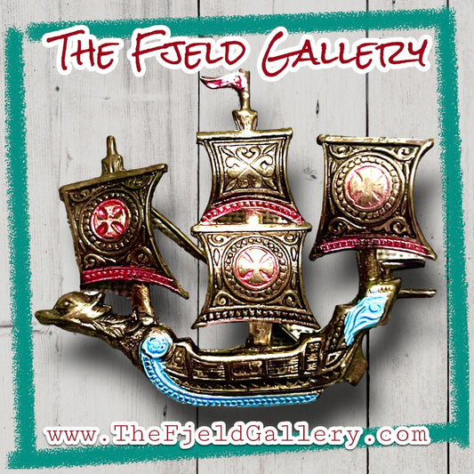 Silver Dragon Serpent Viking Red & Blue Iron Cross Enamel Ship Brooch