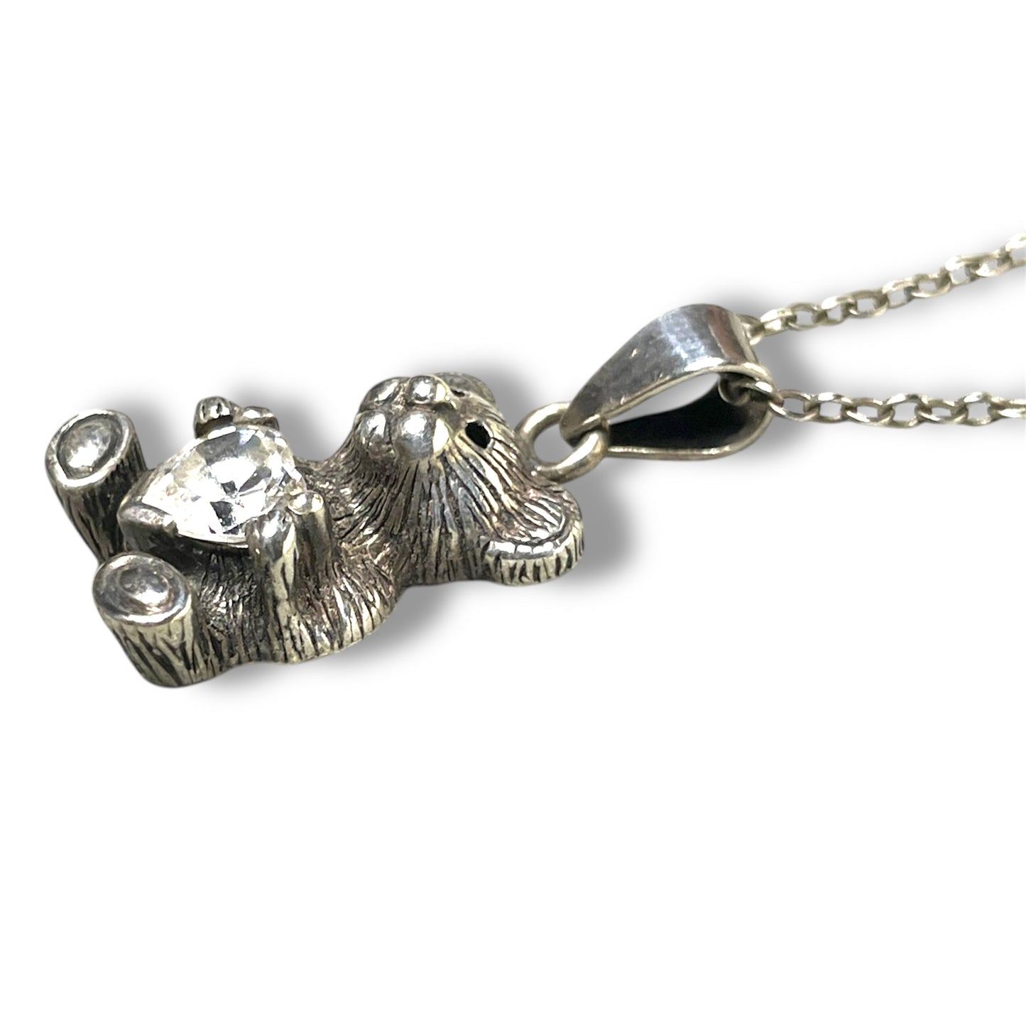 Sterling Silver Teddy Bear Holding Quartz Gemstone Heart Necklace Pendant Charm
