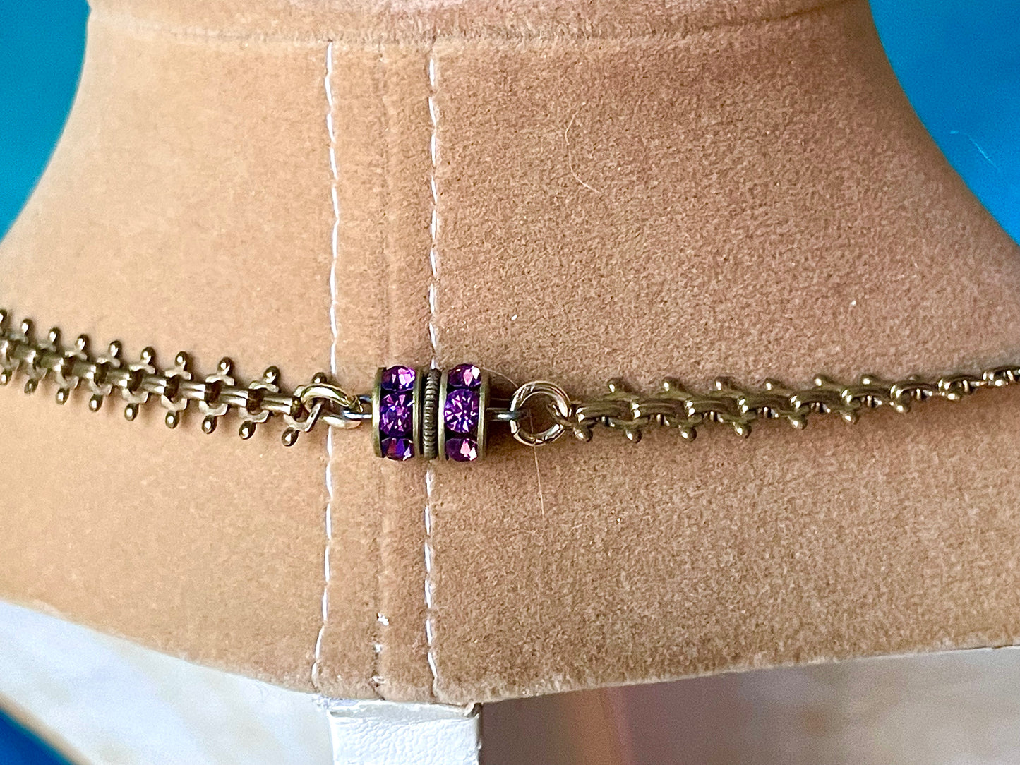 Victorian Book Link Purple Crystal Brass Filigree Choker Necklace