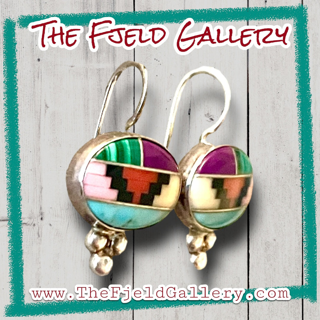 Native American Sterling Silver Turquoise, Coral, Malachite, Yellow Jasper, Black & Purple Onyx Geometric Dangle Earrings
