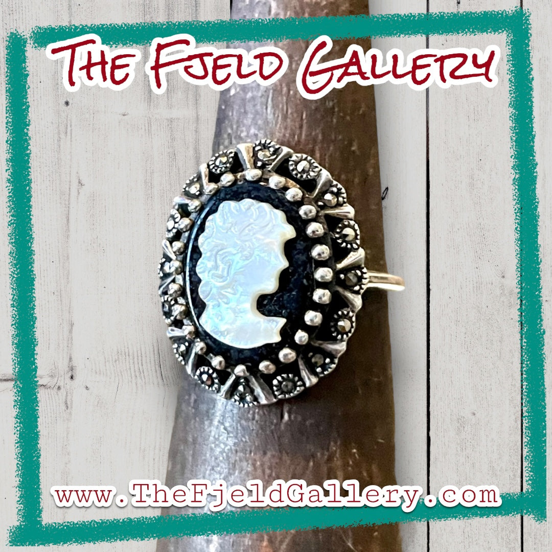 Art Deco Onyx & Mother of Pearl Cameo Sterling Silver & Marcasite Ring