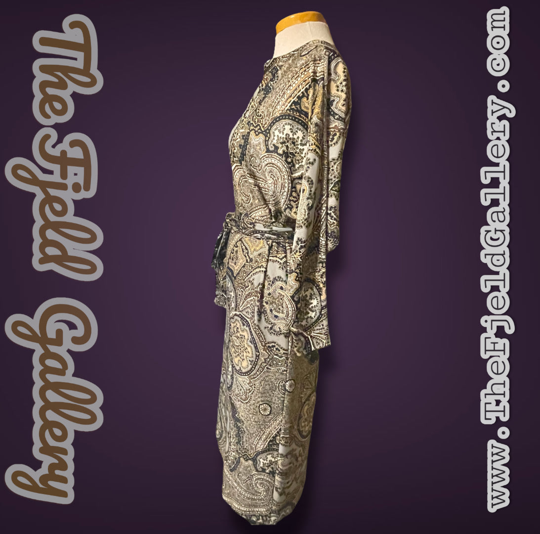 1970’s Brown, Gray, Black & White Paisley Pattern Bat Wing Belted Sheath Dress