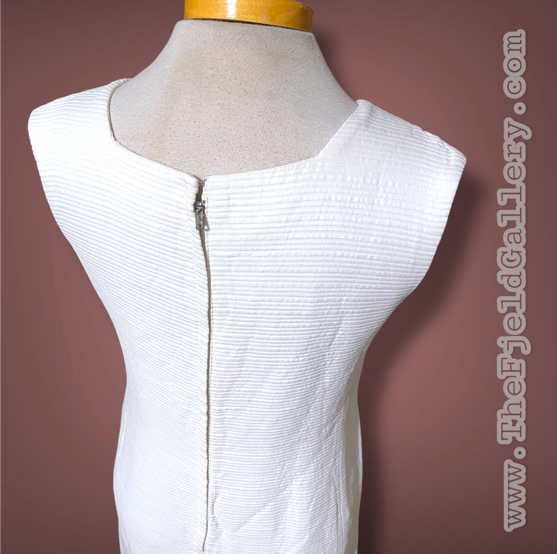1960’s White Ribbed Texture Square Neck Pockets Sheath Dress