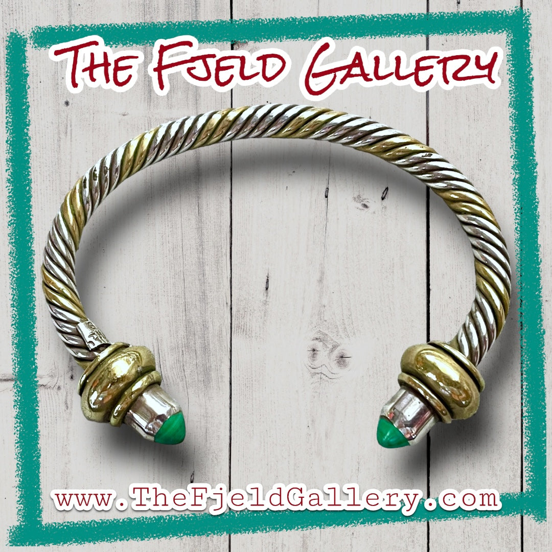 Malachite Taxco Sterling Silver & Brass Twisted Cable Cuff Bracelet