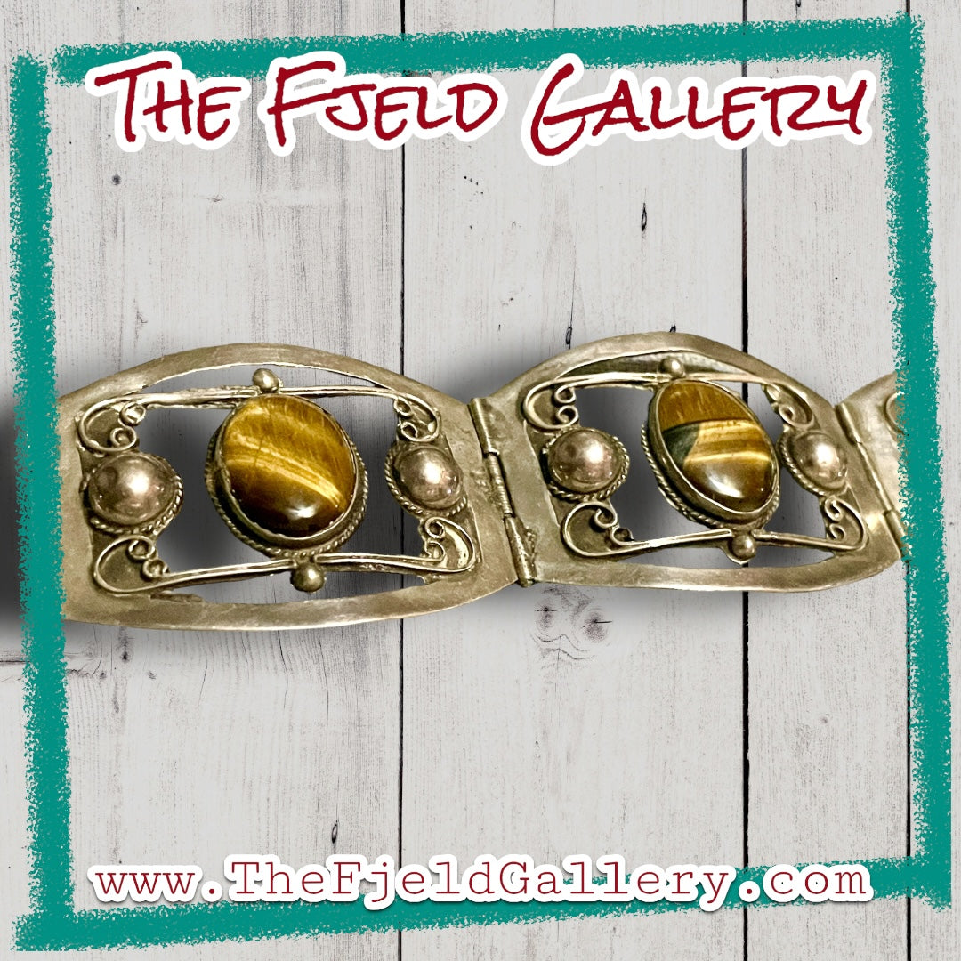 Vintage 1960 Tigers Eye Gemstone Sterling Silver Mexican Panel Bracelet