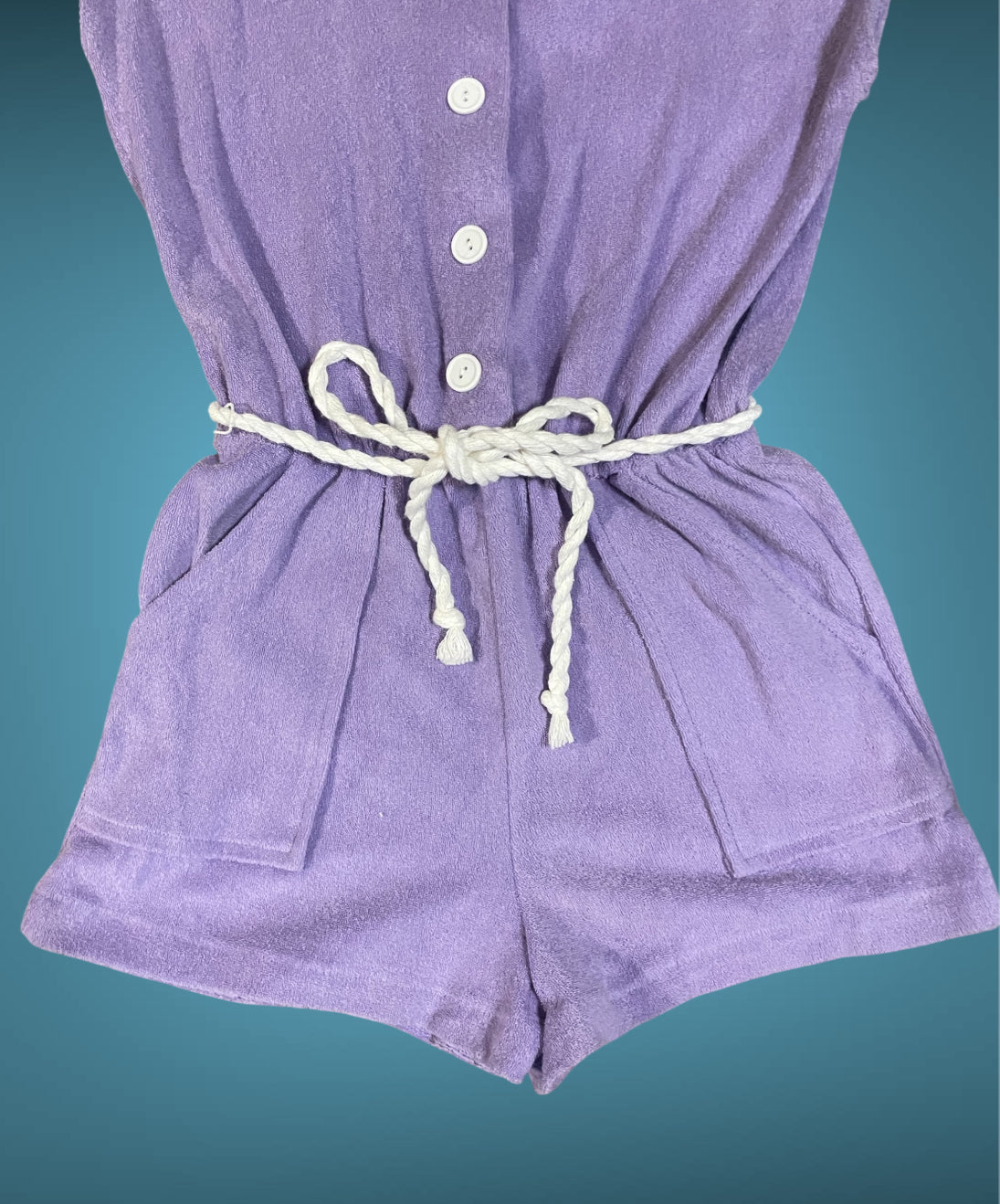 Vintage 1990’s Purple Terrycloth Button Up Jumpsuit Romper w/ Pockets