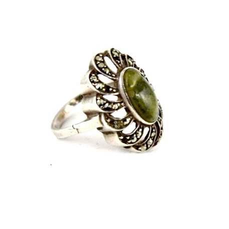 Art Deco Jade Gemstone & Marcasite Sterling Silver Ring