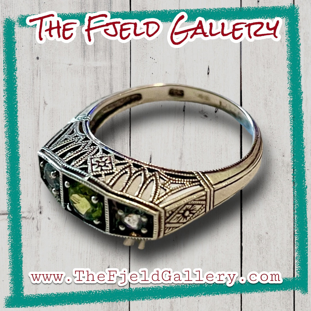 Aquamarine & Peridot Victorian Sterling Silver Filigree Ring sz 7.5