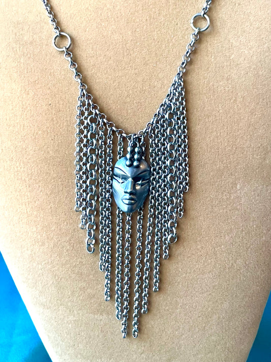 Designer Thierry Mugler Silver Face Fringe Necklace