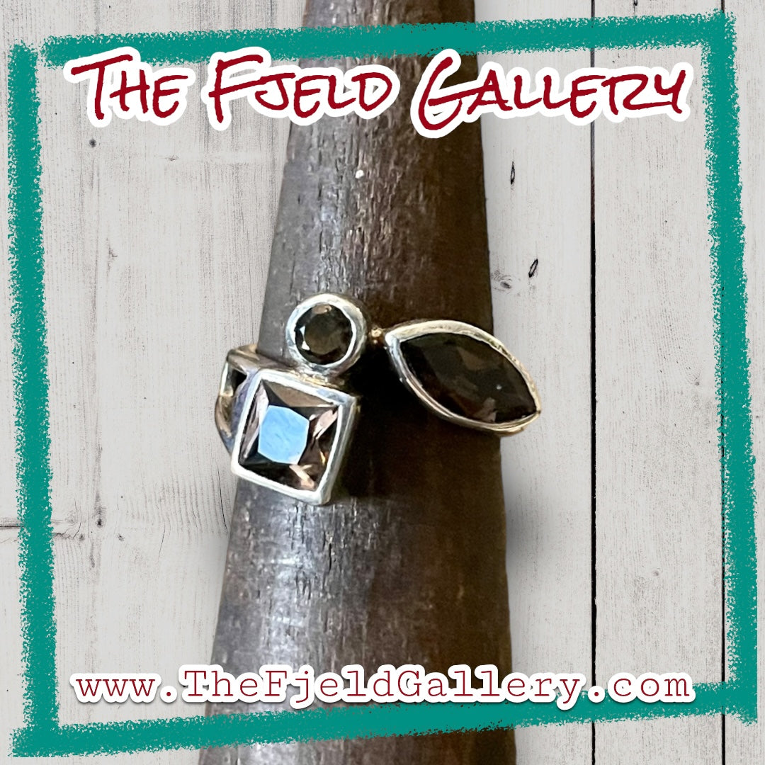 Smokey Topaz 3 Stone Bezel Set Geometric Sterling Silver Ring