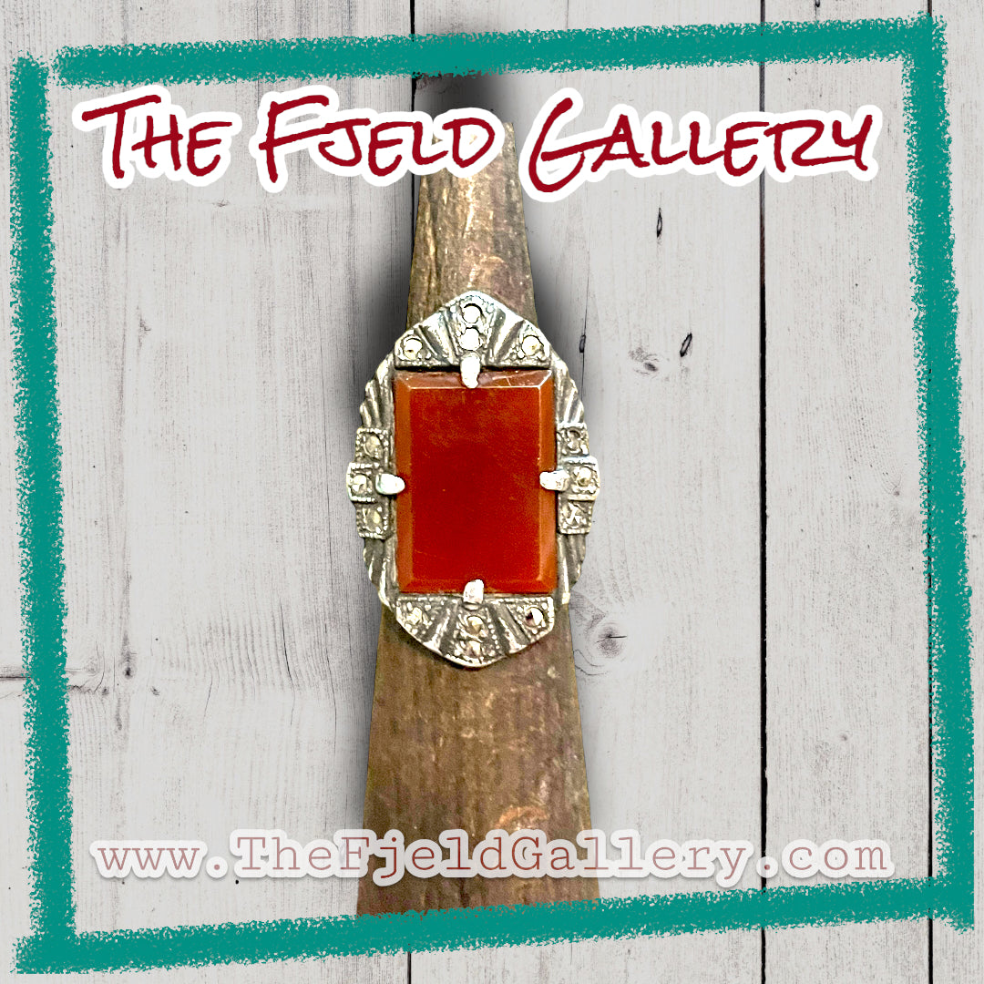 Carnelian Orange Red Art Deco Sterling Silver & Marcasite Ring