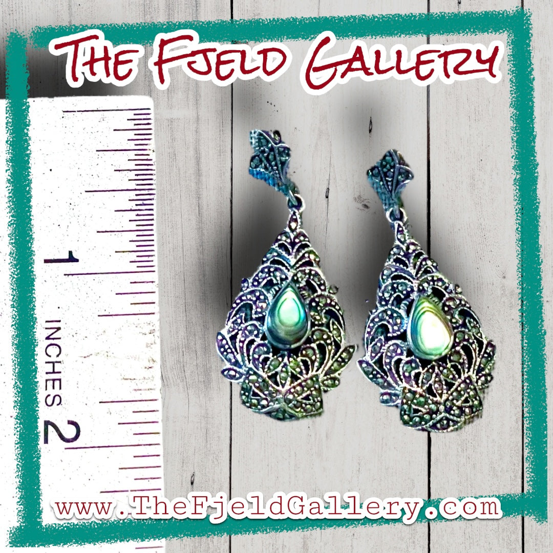 Art Deco Abalone & Marcasite Vintage Sterling Silver Dangle Earrings