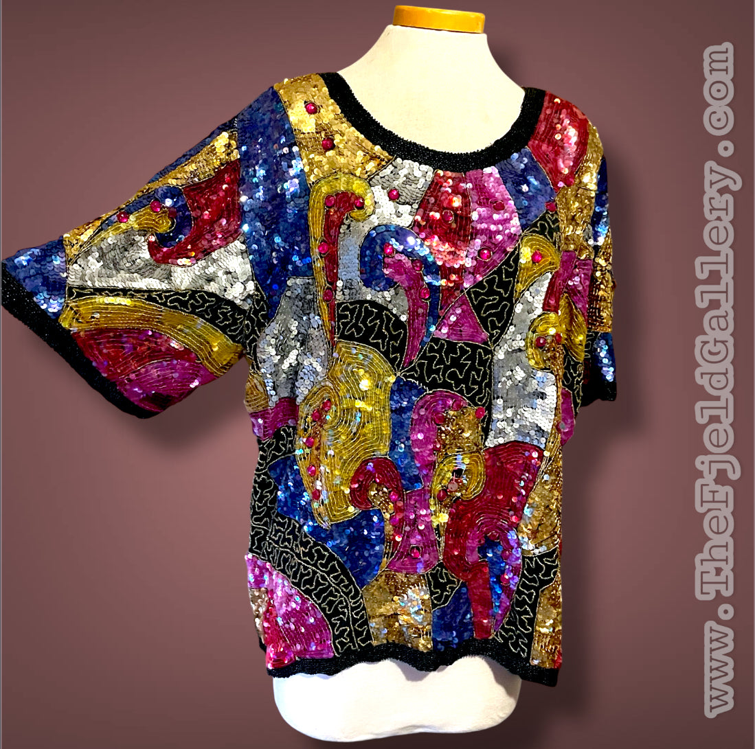 1970’s 100% Silk Sequin, Glass Seed Bead & Rhinestone Abstract Rainbow Top