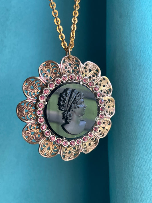 Czechoslovakian Brass Filigree, Purple Crystal, Black Art Glass Mourning Cameo Necklace