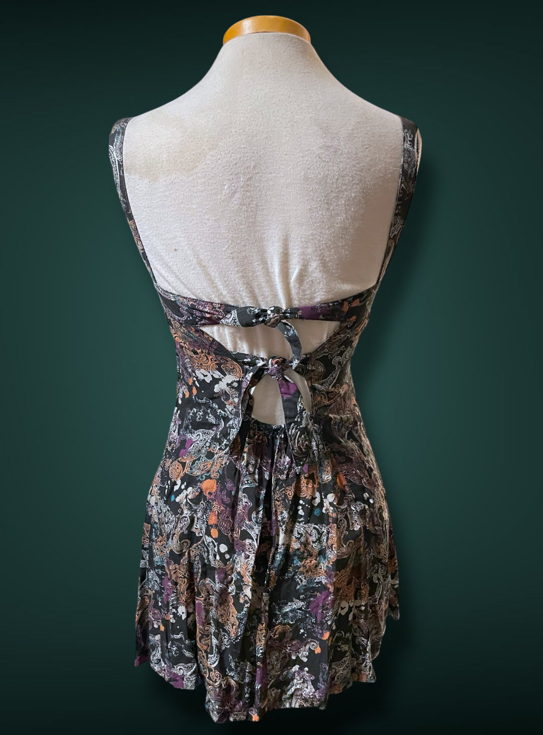1990’s Black & White Paisley Print w Purple, Teal & Rust Bleach Splash Sundress